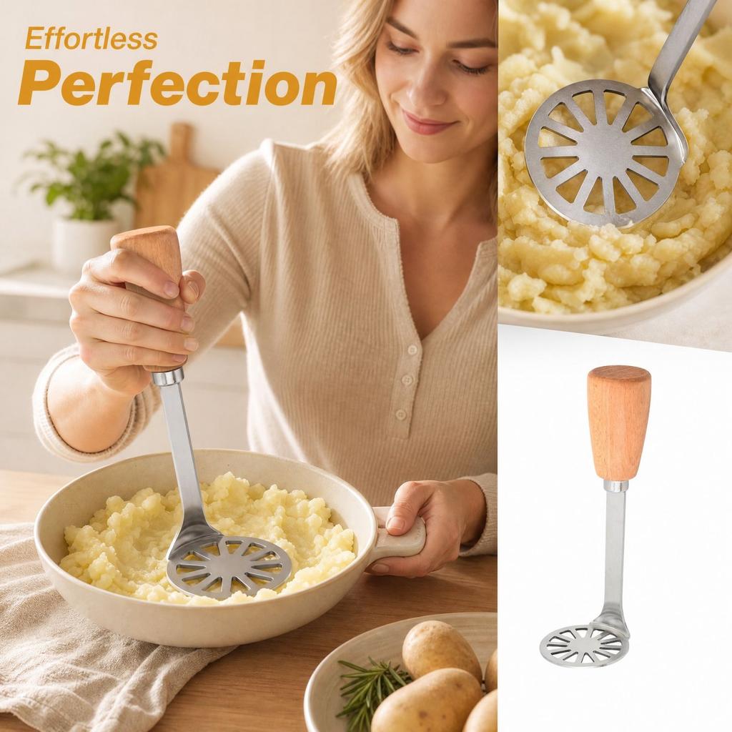 Stainless L-Shaped Potato Masher with Wooden Handle for Potatoes and Vegetables