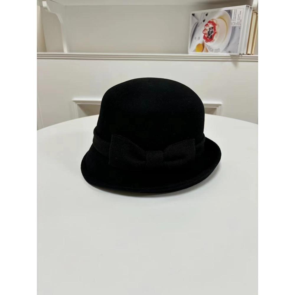 Hepburn wind warped edge small brim wool small pot hat bow decoration British versatile top hat autumn and winter bucket hat women