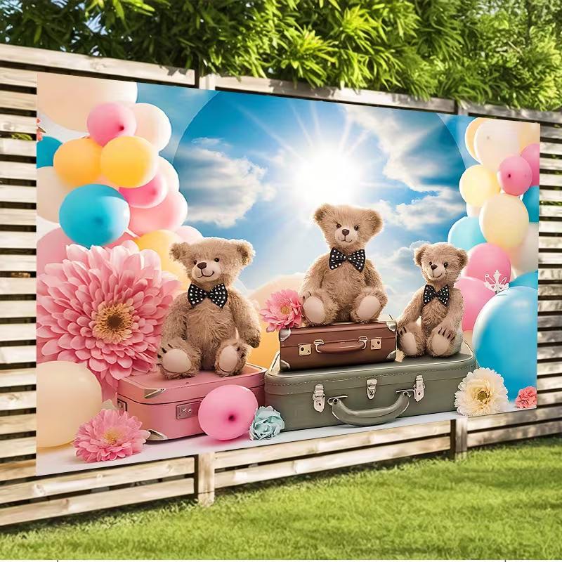 2D Adorable Bear with Bow Tie Backdrop Colorful Balloons Kids Photo Studio Background