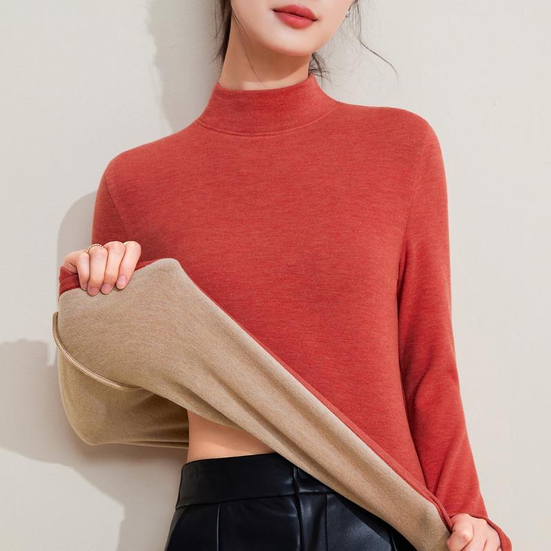 Autumn and Winter Mid-neck Wool Silk Thermal Underwear Women's Thickened Fleece Bottoming Shirt Warm Fleece Heating Autumn Clothes Top
