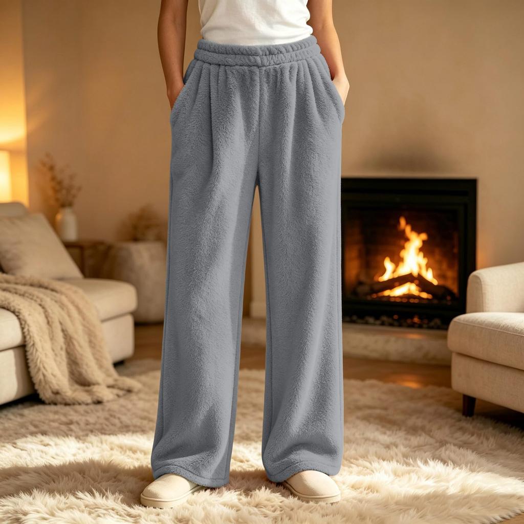 Pajama Pants Women Fuzzy Wide Leg Elastic Waist Trousers