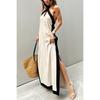 IHUASU Summer Cotton Hemp Halter Neck Open Temperament Dress Woman
