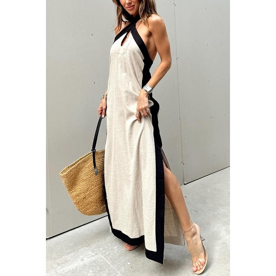 IHUASU Summer Cotton Hemp Halter Neck Open Temperament Dress Woman