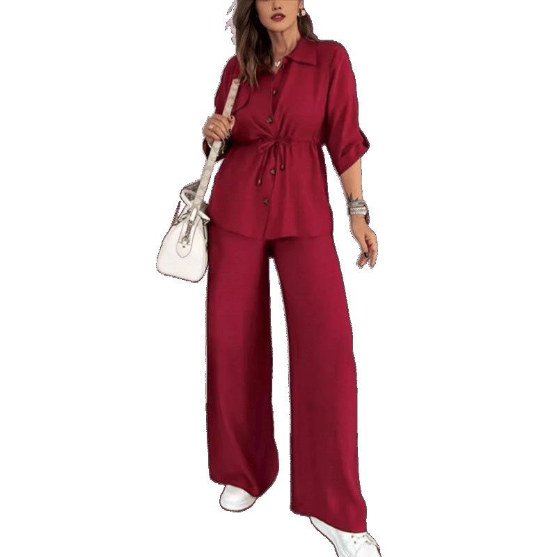 2025 Women's Autumn Casual Set: Solid Color Drawstring Top & Wide-Leg Pants