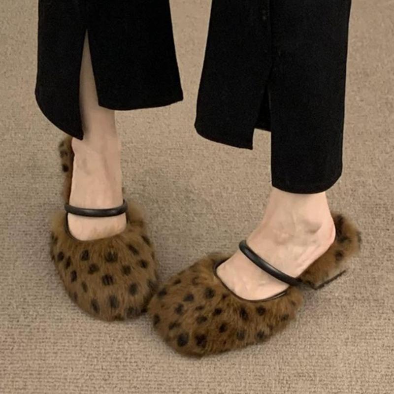 

модные меховые леопардовые туфли на высоком каблуке женские тапочки туфли с открытой пяткой 2025 года трендовые зимние дизайнерские новые элегантные шлепанцы туфли-лодочки Mujer Zapatillas 39 леопардовый