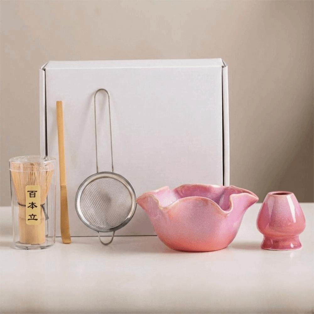 Ceramic Matcha Bowl Set Flower Shaped Japanese Style Ceramic Matcha Tool Tea Scoop Reusable Matcha Making Kit Tea Ceremony