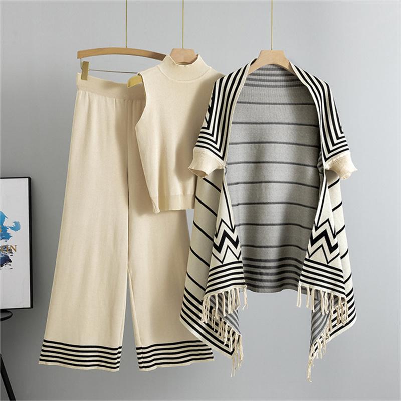 Casual Fashion Set Women's Autumn Winter Striped Shawl Coat Tank Top Wide Leg Pants 3 Piece Set