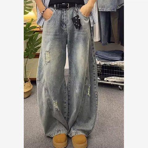 JYL Unisex Wide-Leg Jeans Light Blue Ripped Summer American Denim M бездна