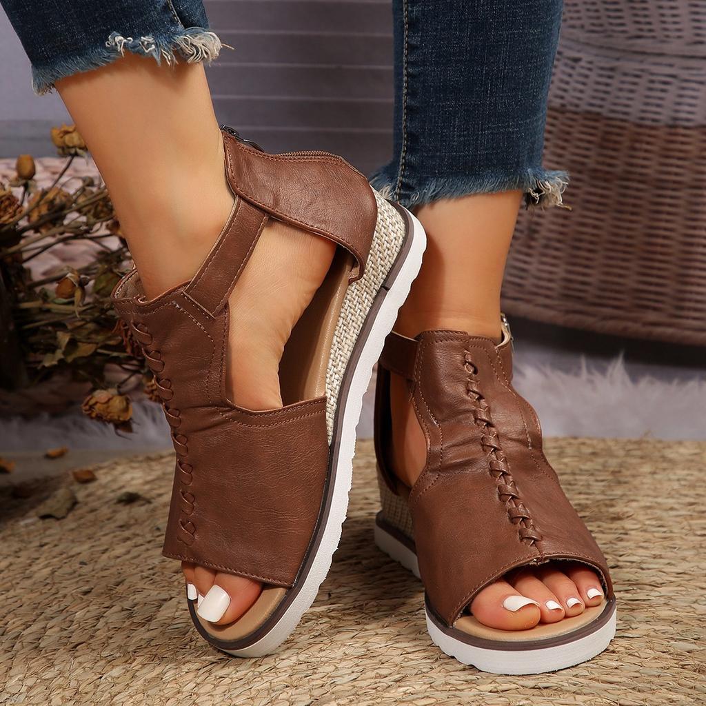 Shoes rear zipper buckle fish mouth wedge heel platform sandals European and American hollow buckle open-toed sandals