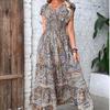 Floral Print V-Neck Short Sleeve Midi Dress with Elastic Waist, Bohemian Summer Dress for Women