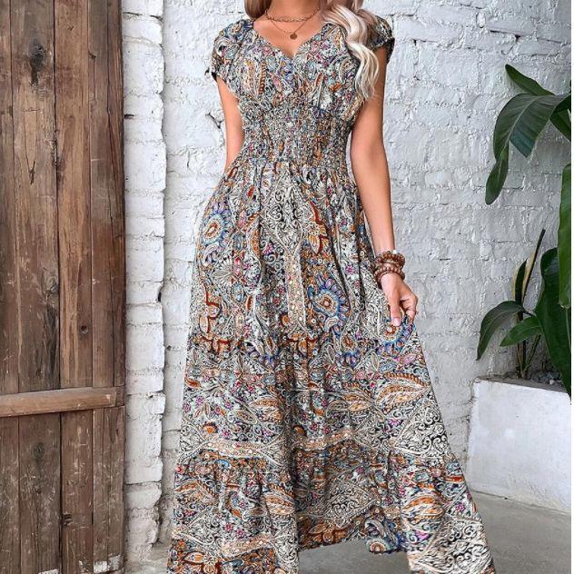 Floral Print V-Neck Short Sleeve Midi Dress with Elastic Waist, Bohemian Summer Dress for Women