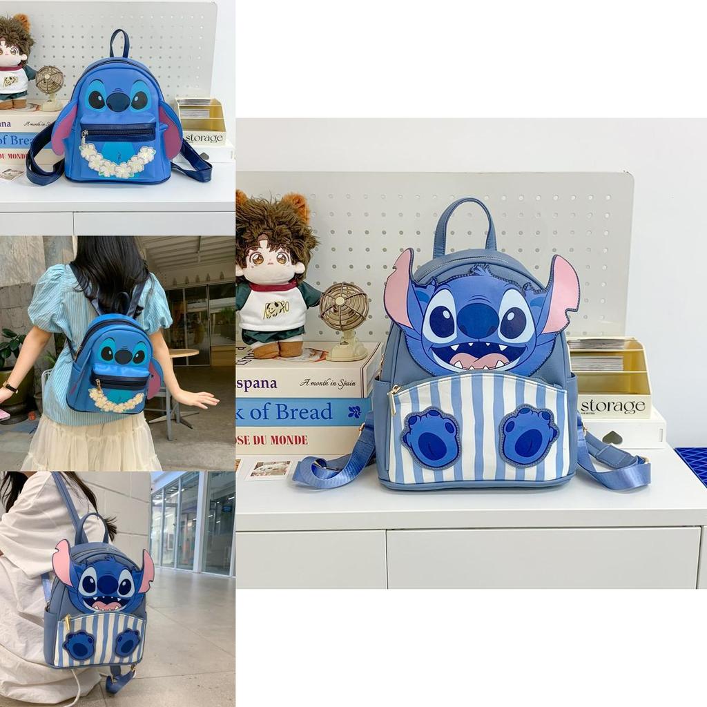 Lilo Stitch Blue Monster Printed Pu School Bag With Inner Card Pocket For Teens