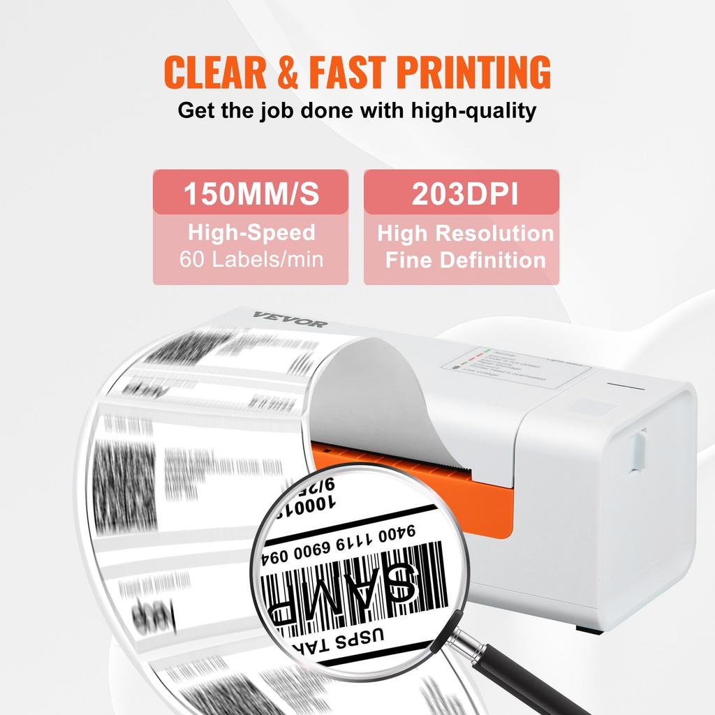 VEVOR Thermal Label Printer, 4x6 Label Printer, Thermal Label Maker with Automatic Label Recognition, Support Windows/MacOS/Linux