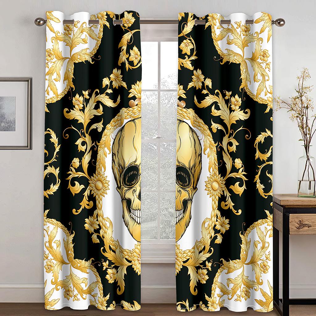 

3D крутой золотой череп Делюкс Декор для гостиной Шторы Черное золото Роскошные занавески для спальни 2 панели Бесплатная доставка 100W130H(CM)40x51in&Grommet Top