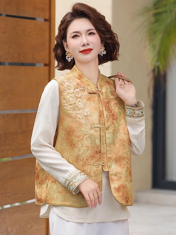 Women's Spring Retro Chinese Style Embroidered Frog Button Jacquard Vest and Shirt Set