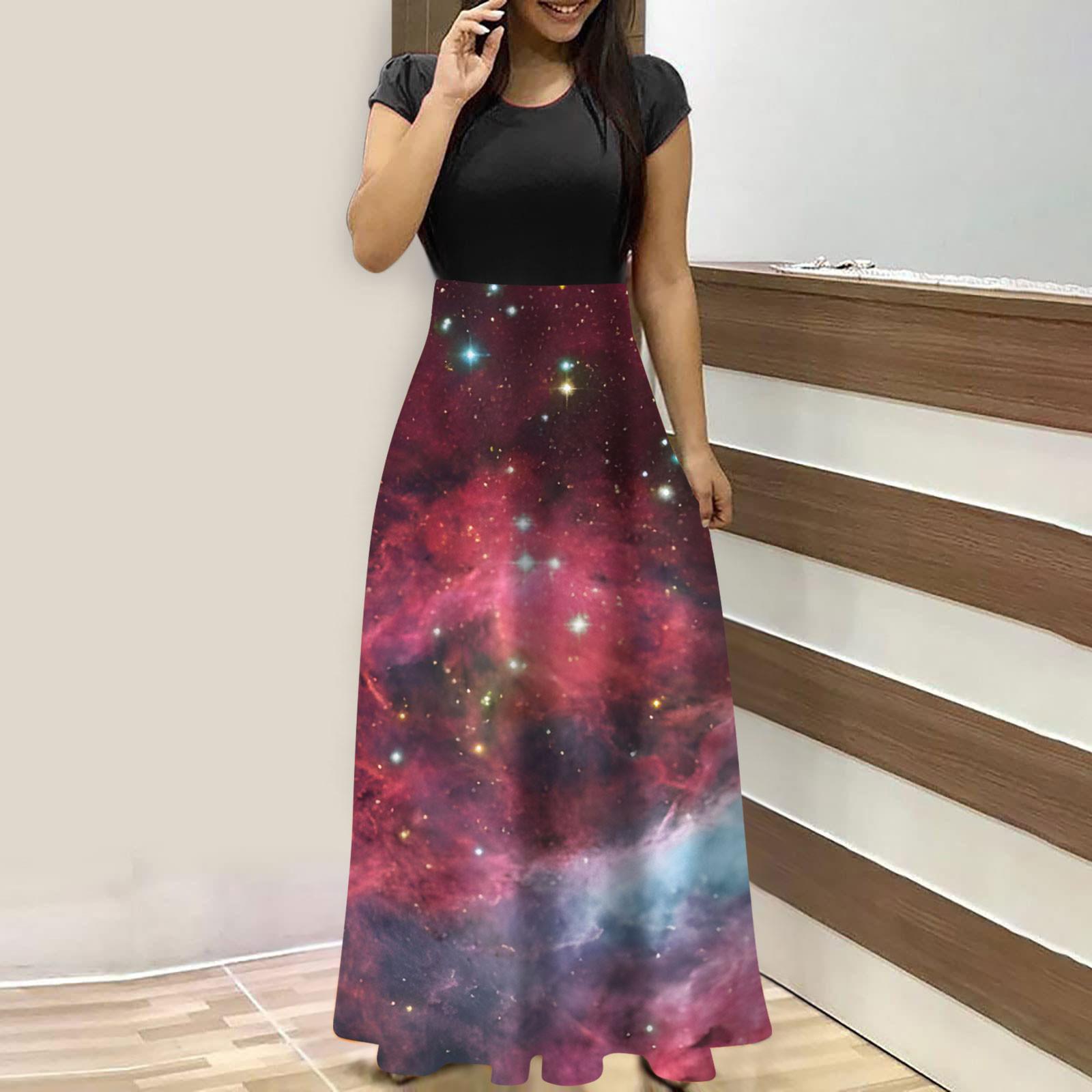 

Жіночі модні повсякденні вільні довгі сукні з круглим вирізом і короткими рукавами L