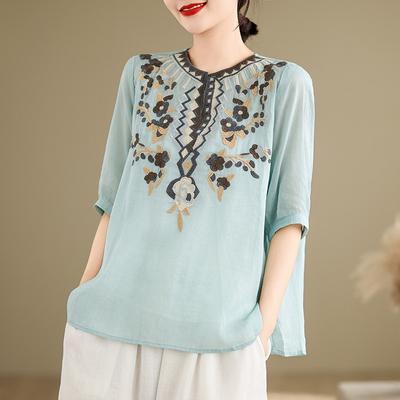 Verão fino artístico retro solto casual étnico bordado pullover top camiseta para mulheres