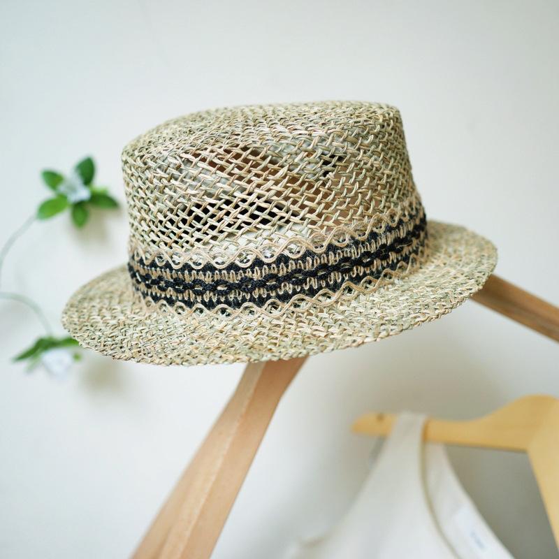Japanese Small Fresh Small Brim Salty Grass Seaweed Woven Flat Top Top Hat Women'S Summer Sunshade Fun Flower Small Straw Hat
