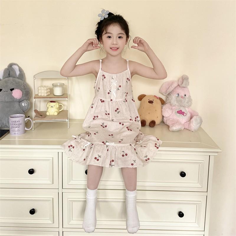 Girls Cotton Gauze Nightdress Sleeveless Sleepwear Cartoon Print Lightweight Home Dress Kids