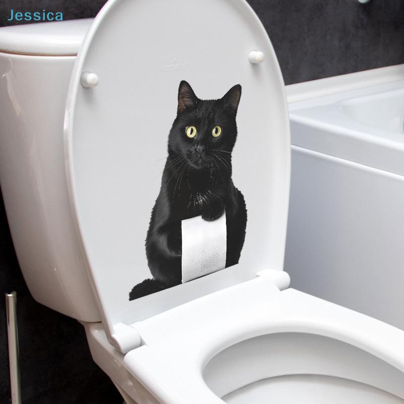 Funny Black Cat Toilet Sticker Humorous Bathroom Decal with Toilet Paper Design Self-Adhesive,