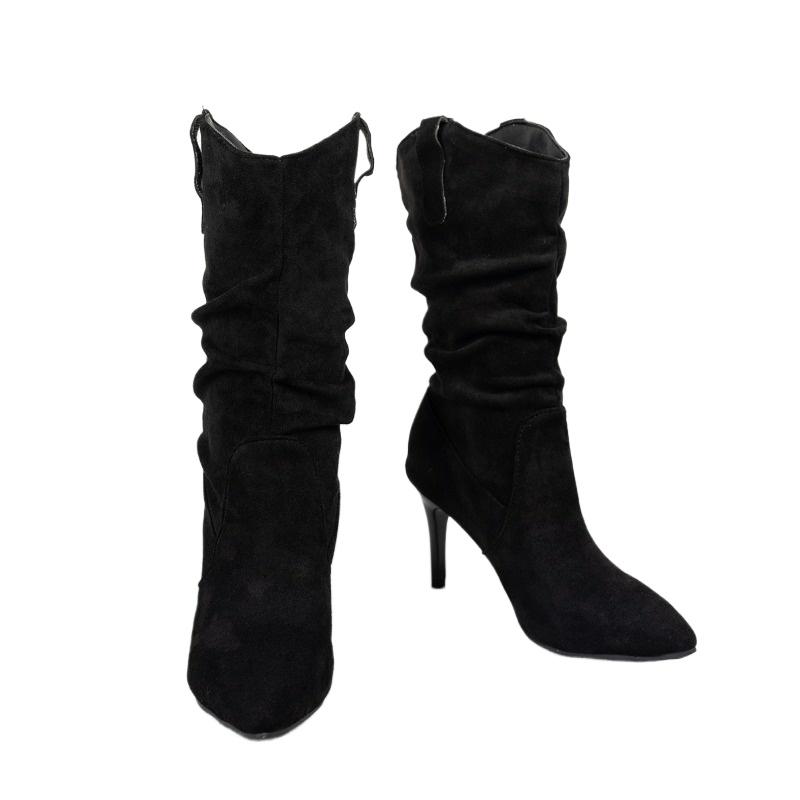 Fashion New Style Popular Vintage Pleated Pointed Toe Mid-Calf Boots Women Thin Low Heels Shoes Fashion Short Ladies Boots Zapatos Mujer