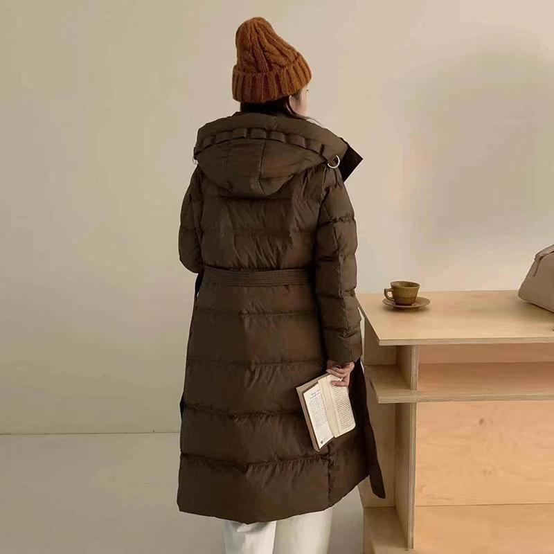 

Жіноча високоякісна морозостійка пухова куртка - Зимове пальто 2025 року, нижче коліна, з трьома ґудзиками, з поясом XXL кавовий