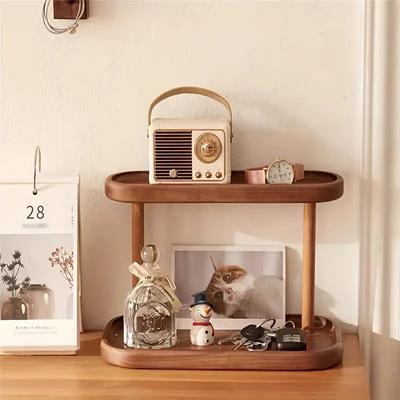 17x9.8x13cm Wooden Storage Shelf 2-Tiers Desktop Organizer Shelves Cup Holder Desk Display Rack Desktop Cosmetics Storage Rack