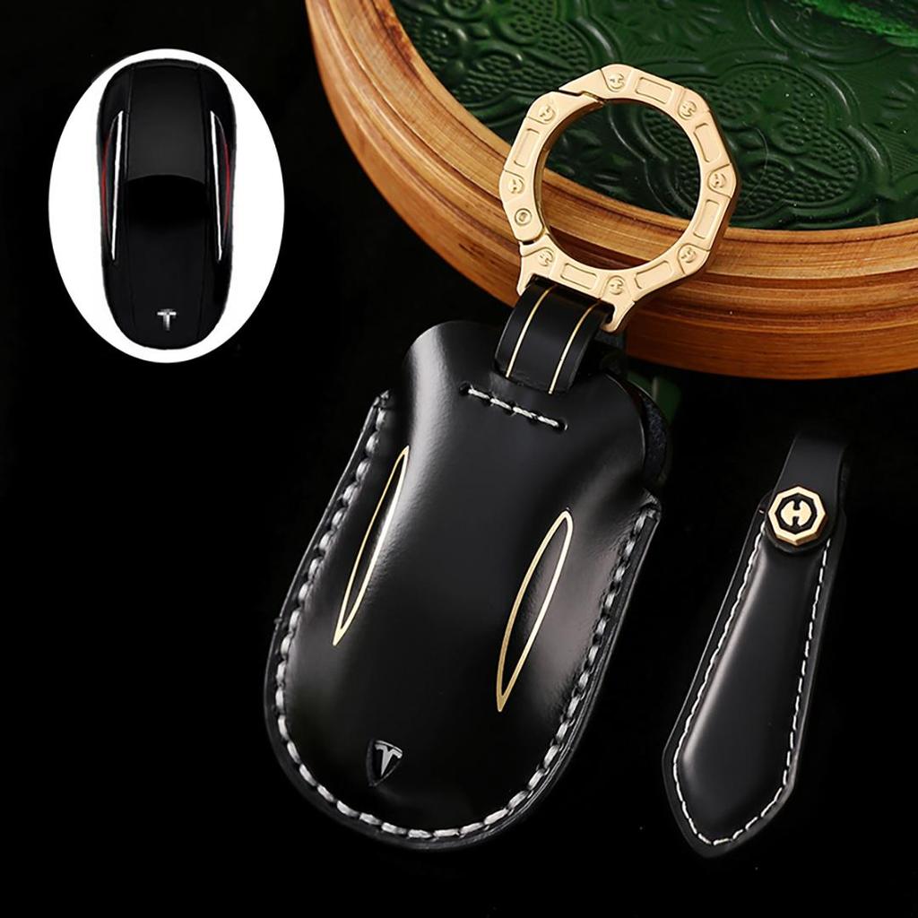 Suitable for Tesla Model Y/3/X Handmade Cowhide High-End Car Key Cover Keychain Car Key Case