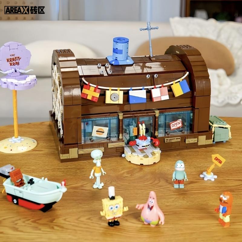 Areax Spongebob Squarepants Crab Burger King Restaurant Cartoon Puzzle Building Blocks Children'S Birthday Gift Anime Ornament