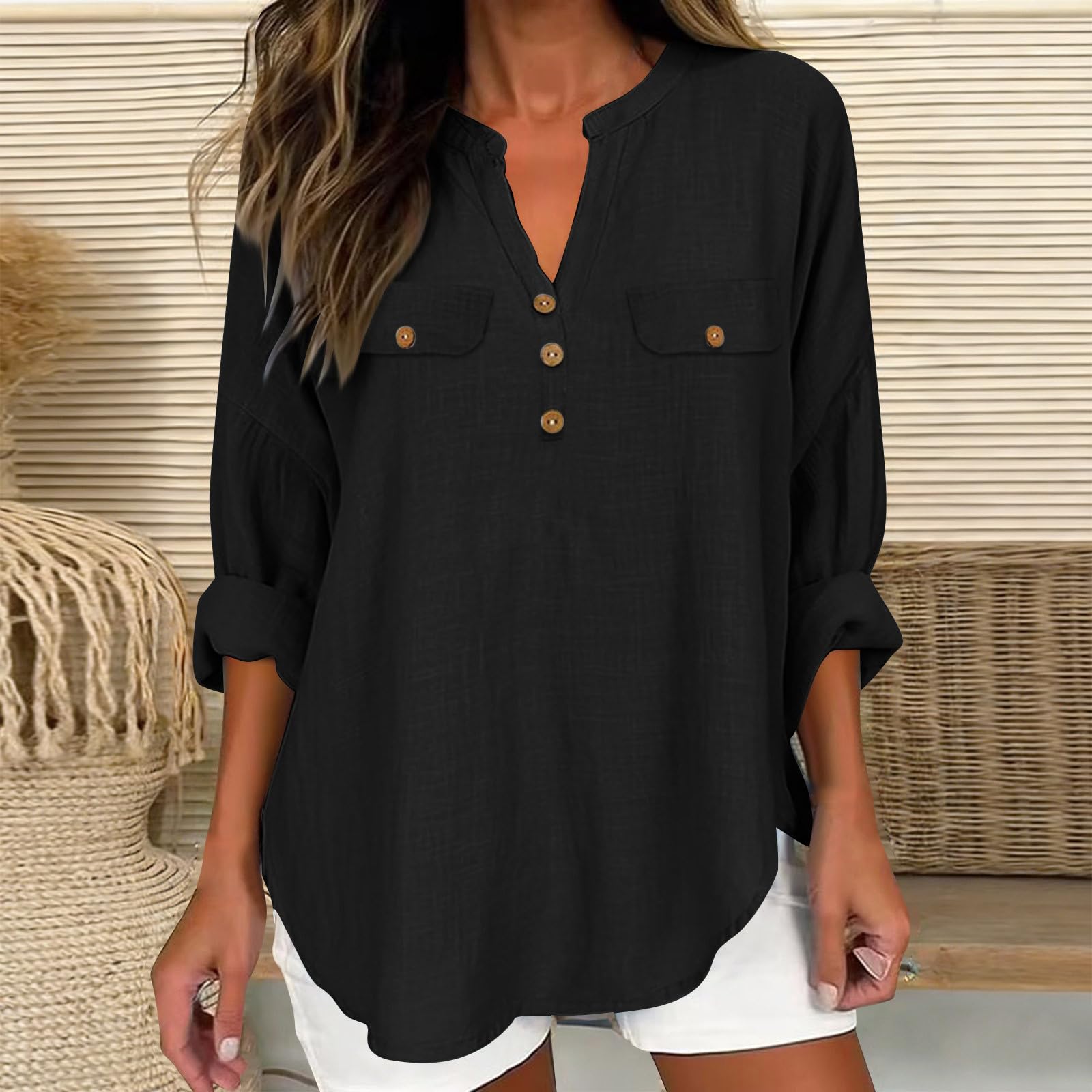 

Women s Fashionable V-Neck Casual -Color Button-Down Cotton-Linen Loose-Fit Top L чёрный