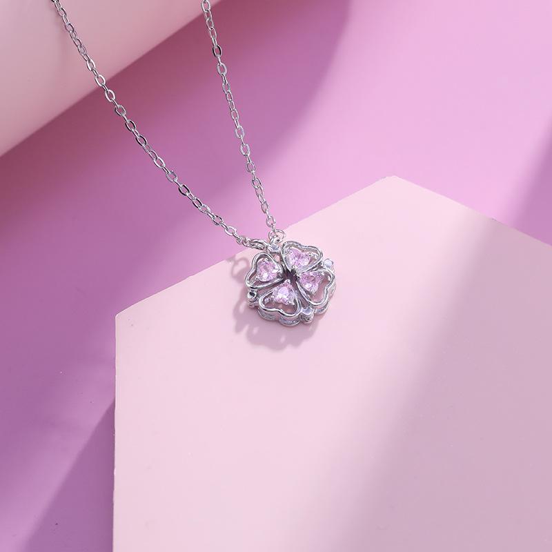 S999 Foot Silver Heartbeat Four-leaf Clover Necklace Women's Magnetic Clavicle Chain Light Luxury Niche Design Birthday Gift for Girlfriend