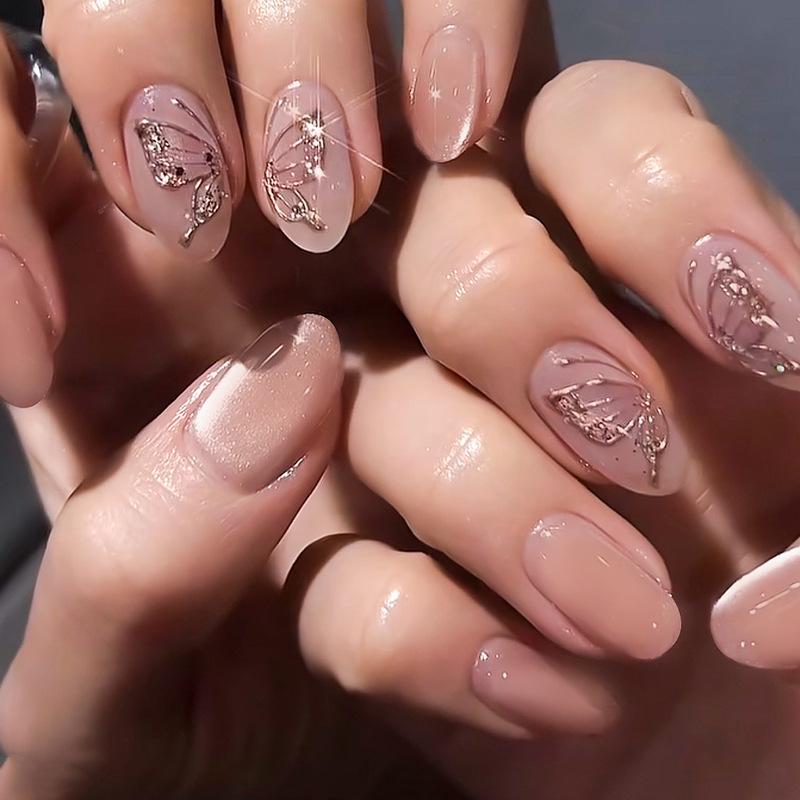 

Hot-Selling Oval Pink Press-On Nails with Butterfly Patchwork Design