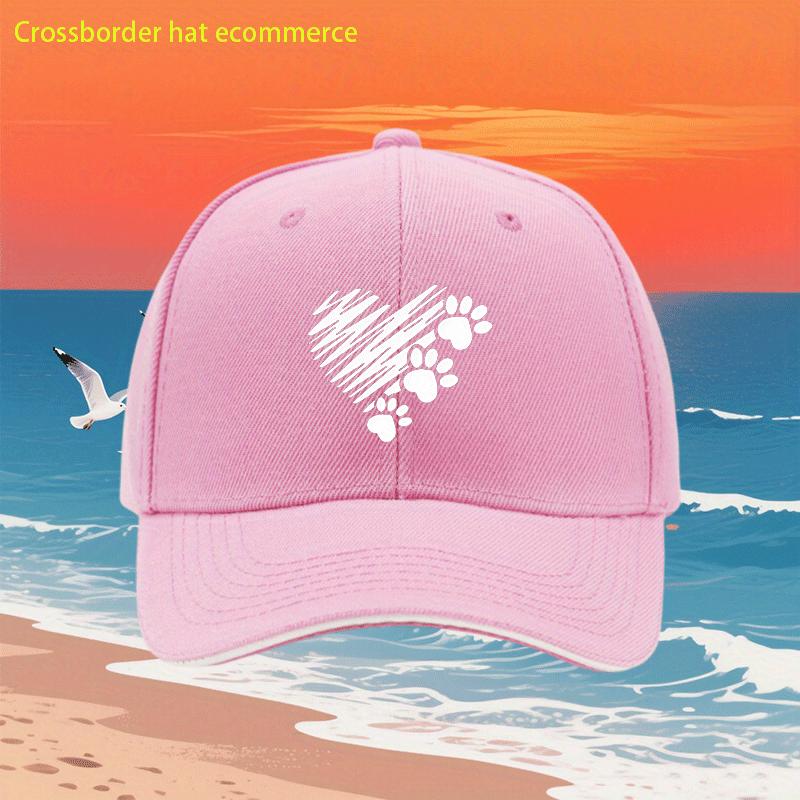Heart Paw Print Baseball Cap Polyester Adjustable Casual Unisex Summer Beach Hat One Size