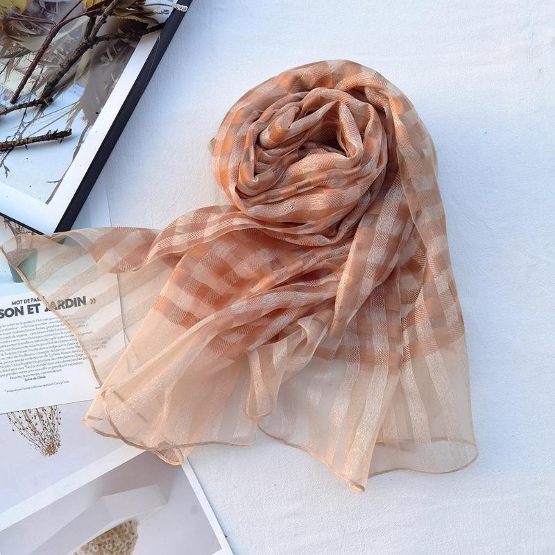 New Checkered Silk Scarf for Women, Solid Color Sunscreen Shawl Gold Thread Mulberry Silk Scarf for Women