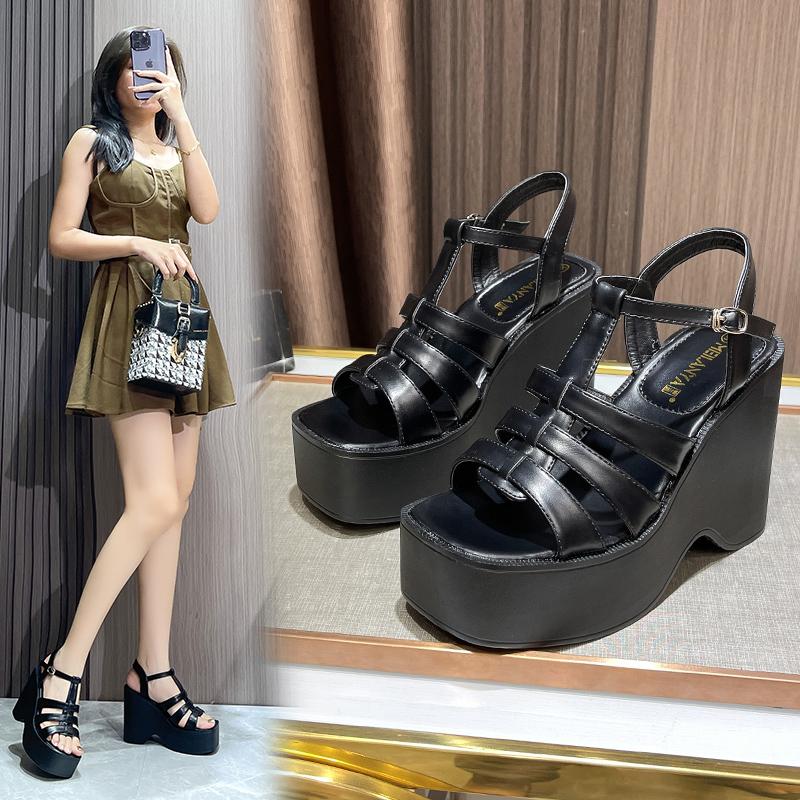 Fashion 11CM Goth Platform Block Heels Buckle Decor Black Women Sandals Ankle Strap Open Toe Summer Party Vintage Prom Shoes Pumps