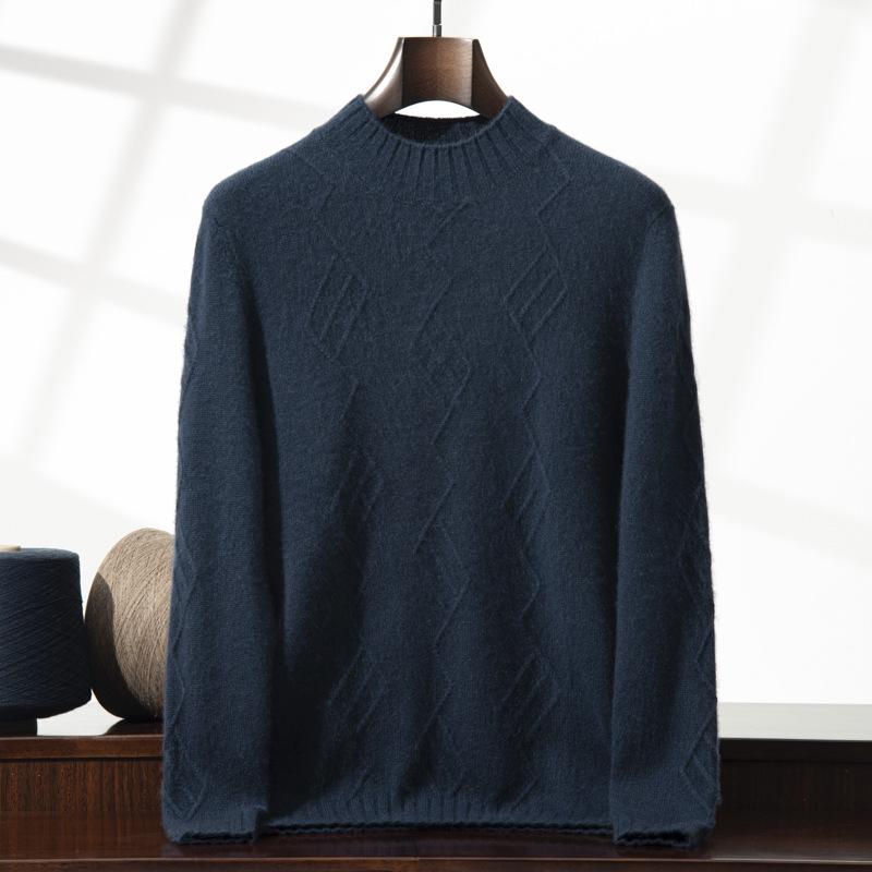 Men's Cashmere Diamond Pattern Round Neck Loose Knit Sweater, Long Sleeve Pullover for Autumn & Winter.