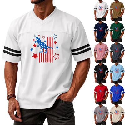 Men V Neck Casual Short Sleeve T Shirt with Independence Day Print and Striped Sleeve Sports Jersey Style Top