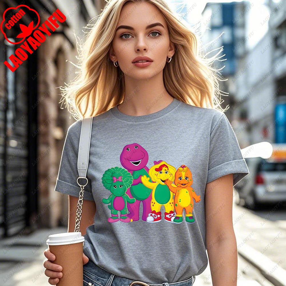 Kawaii Cartoon Animation Dinosaur Barney  Friends Print Unisexs Womens Cotton Tshirt Fashion Trend Street Casual Summer Tops