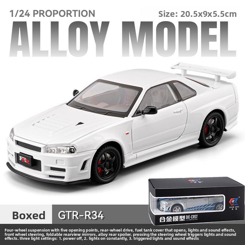 1/24 Skyline GTR R34 Static Diecast Car Sound Light Pull Back Detailed Rubber Tires Desktop Hobby Collectible Boys Gift