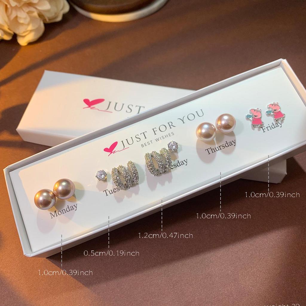 Weekly Earring Set: Flower Zircon Studs, Simple Ear Cuffs, Pearl Tassel French Earrings - 5 Pairs