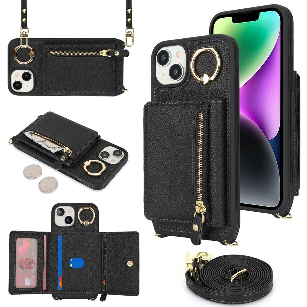 For iPhone 14/13 Case Litchi Texture Card Bag Leather+TPU Crossbody Phone Cover with Ring Kickstand