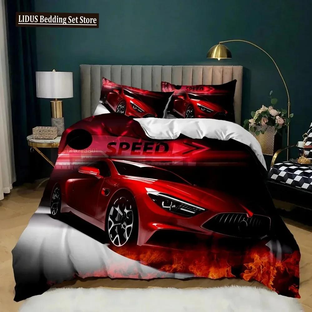 Racerbil Påslakanset King Queen Twin Storlek Röd Flamma Täcke Överdrag 3D Sportbilstema För Pojkar Flicka Polyester Sängkläder Set