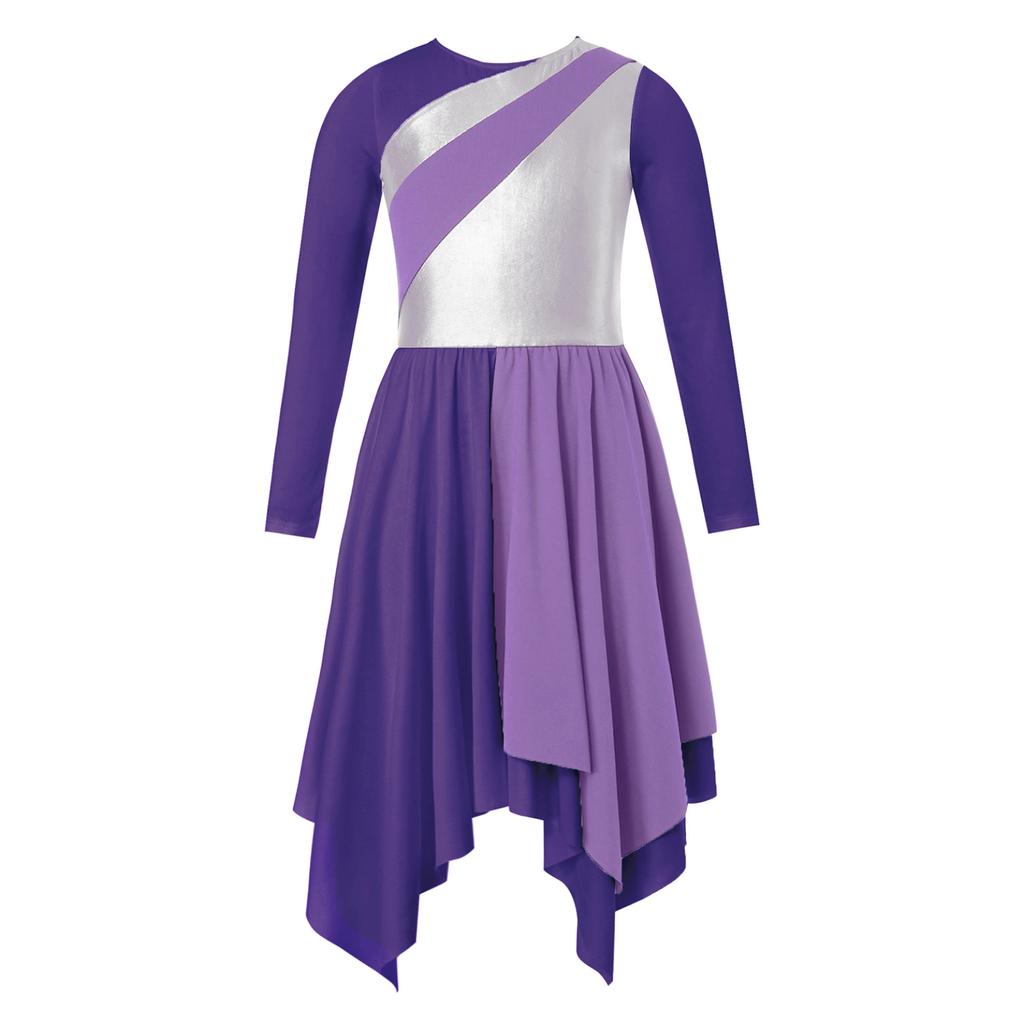 Crianças meninas manga longa brilhante metálico louvor túnica assimétrica vestido lírico traje de dança contemporânea