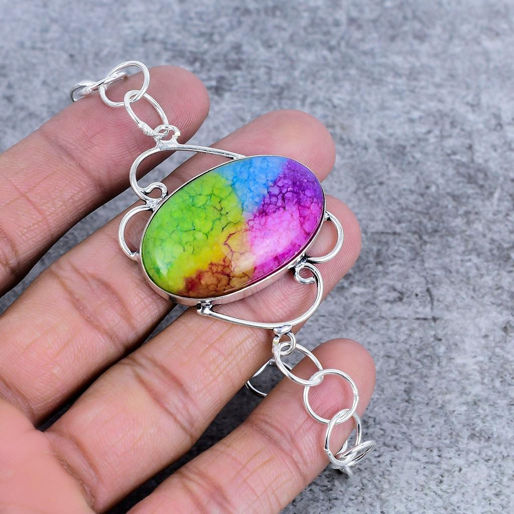 Rainbow Solar Quartz Gemstone Handmade 925 Sterling Silver Bracelet 7-8" M-2714