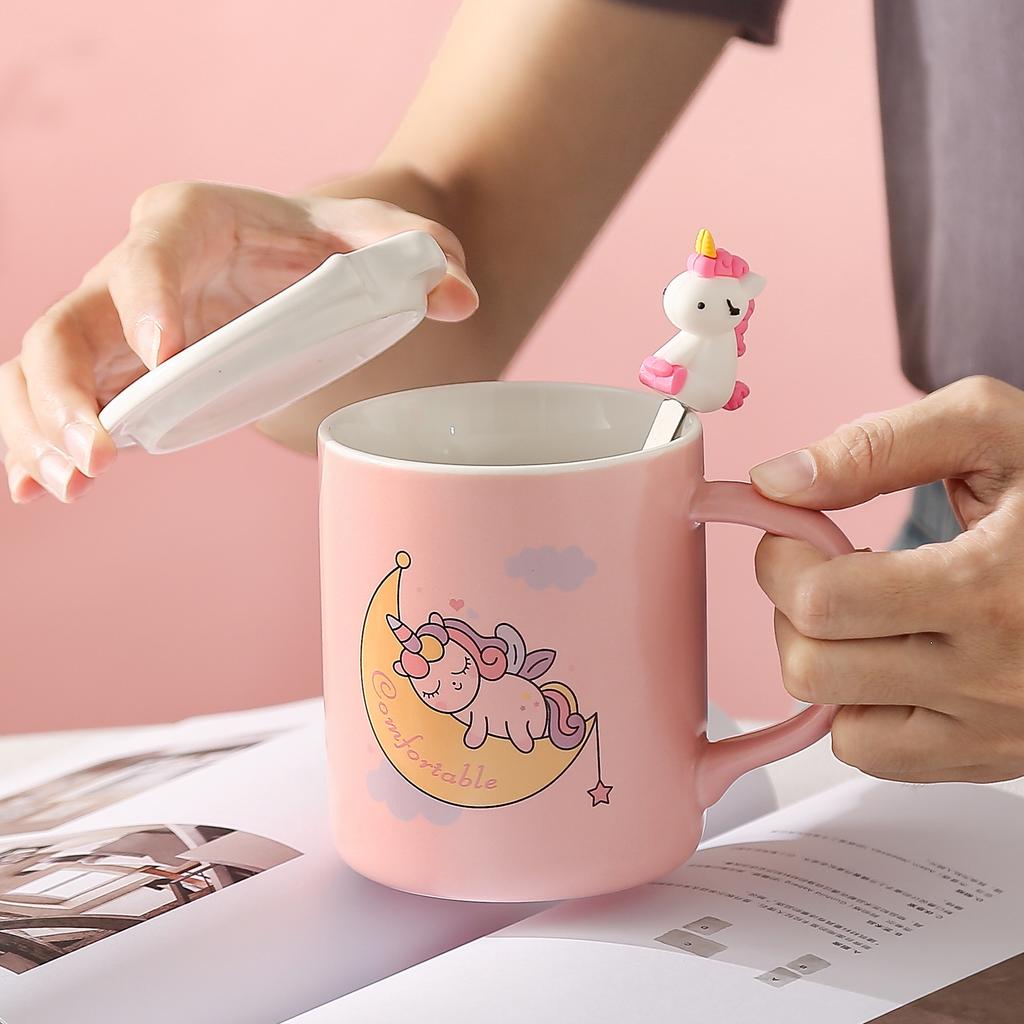 Cartoon Cute Ceramic Cup with Lid and Spoon High Value Large Capacity Unicorn Mug for Household Set Cups