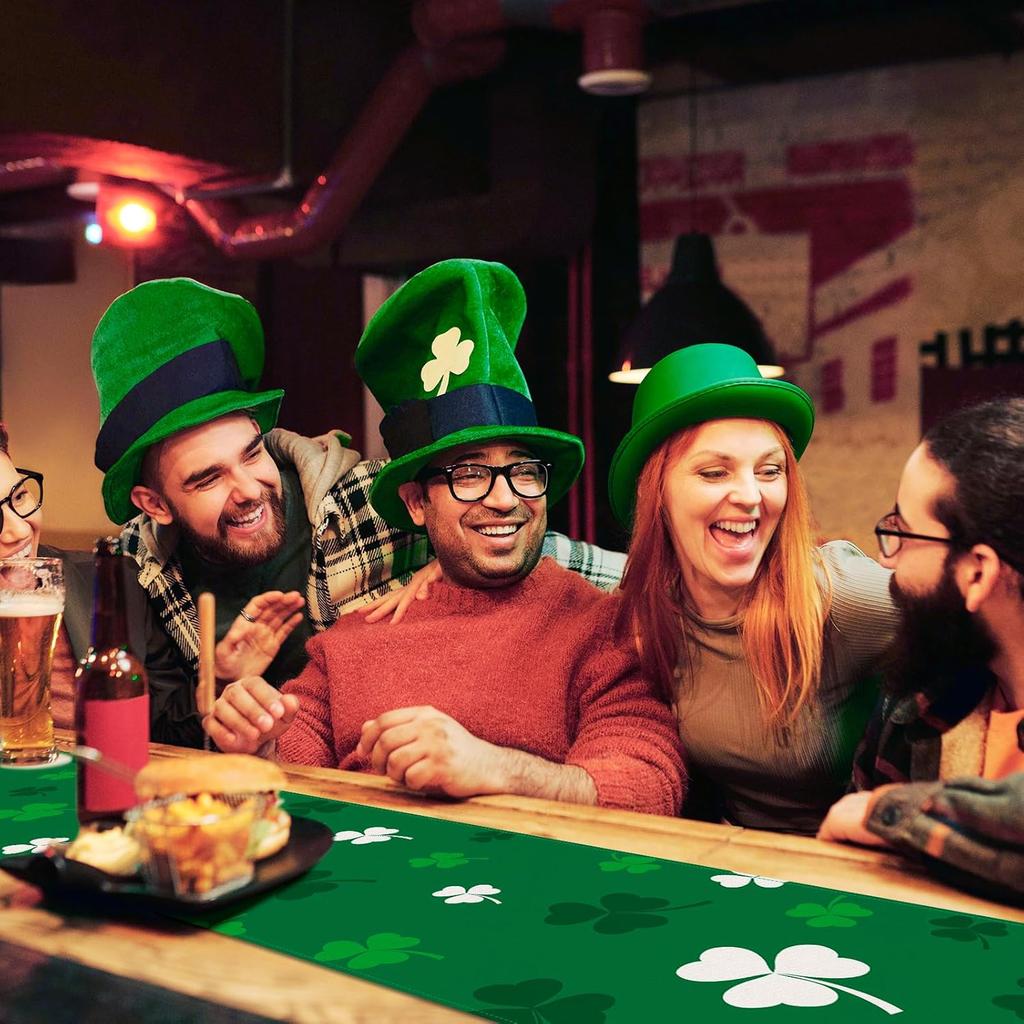 St. Patrick's Day Shamrock Table Runner 72 x 13 Inch, Green and White Clover Pattern Table Cover for Irish Holiday Celebration, Perfect for Home,