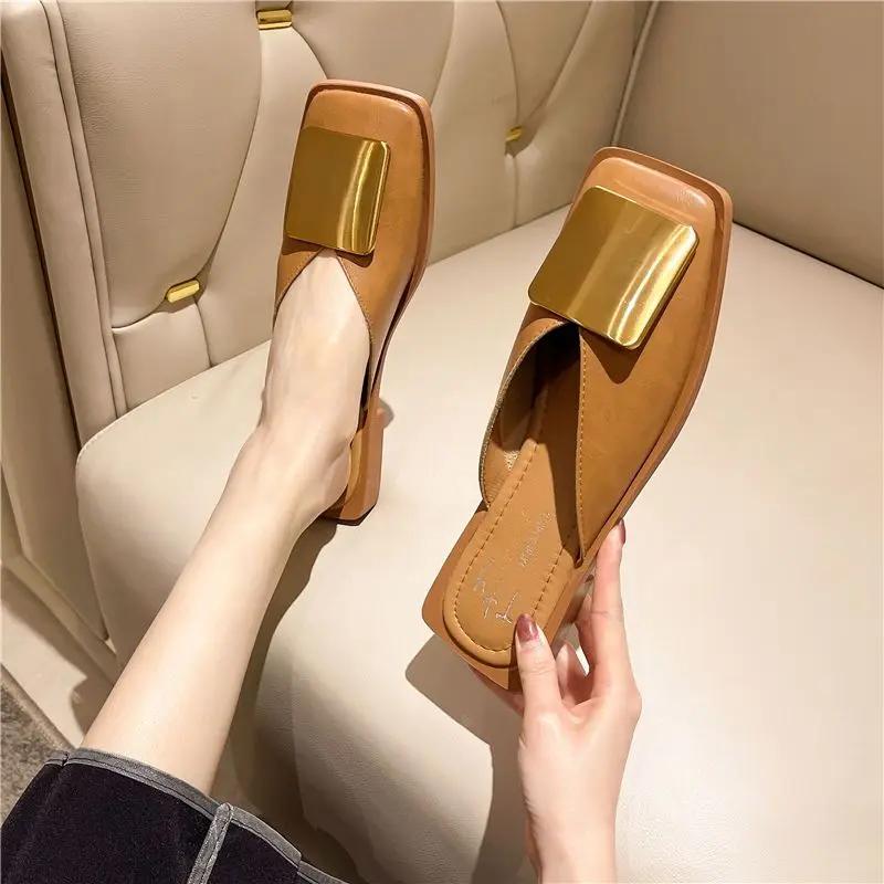 Fashion Women's Slippers and Ladies Sandals Square Toe Mules Shoes Low Price Summer Slides Sale 39 Korea Style Original 2025 Trend Shoe