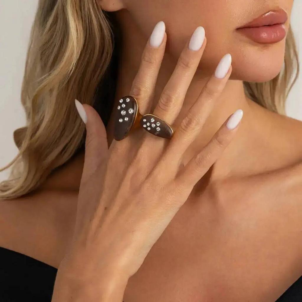 SHIXIN 2Pcs/Set Vintage Brown Resin Open Ring Simple Punk Inlay Rhinestone Daily Fashion Elegant Couple Jewelry Accessories Gift