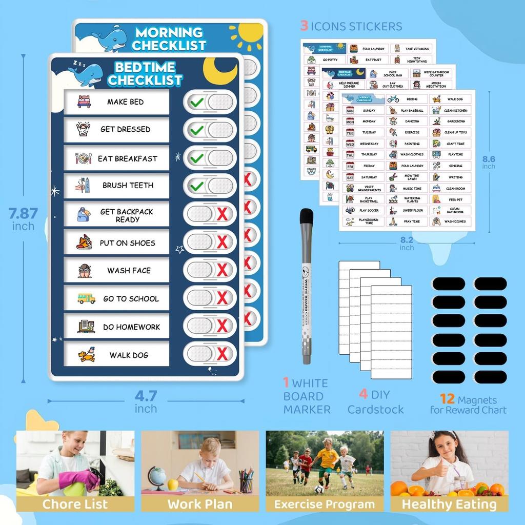 Upgraded Slider Morning/Bedtime Routine Chart for Kids Toddlers - Magnetic Kids Chore Chart for 2 Kids, Dry Erase Chore Chart for Kids, Visual