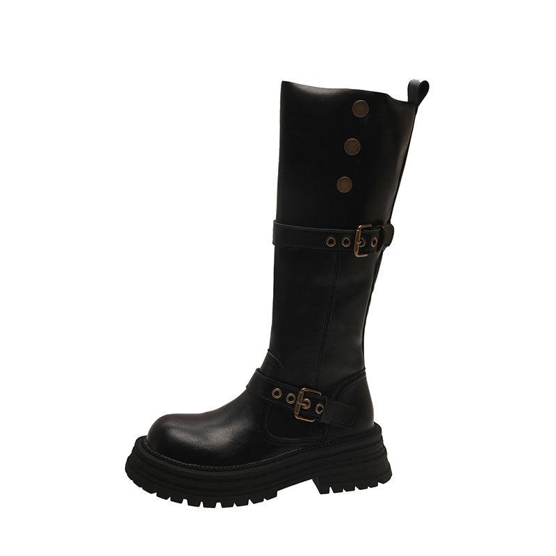 Black Retro British Style Thick Heel Thick-soled Boots Women's Autumn and Winter New Boots Tall and Thin Knight Boots